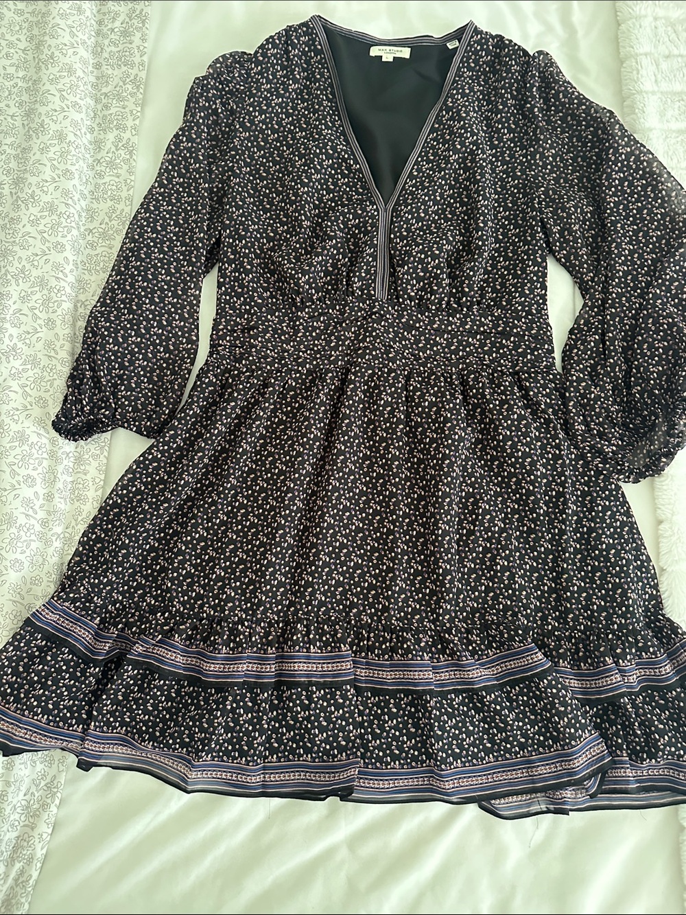 Black Long-Sleeve V-Neck Mini Dress with Pink Floral Print